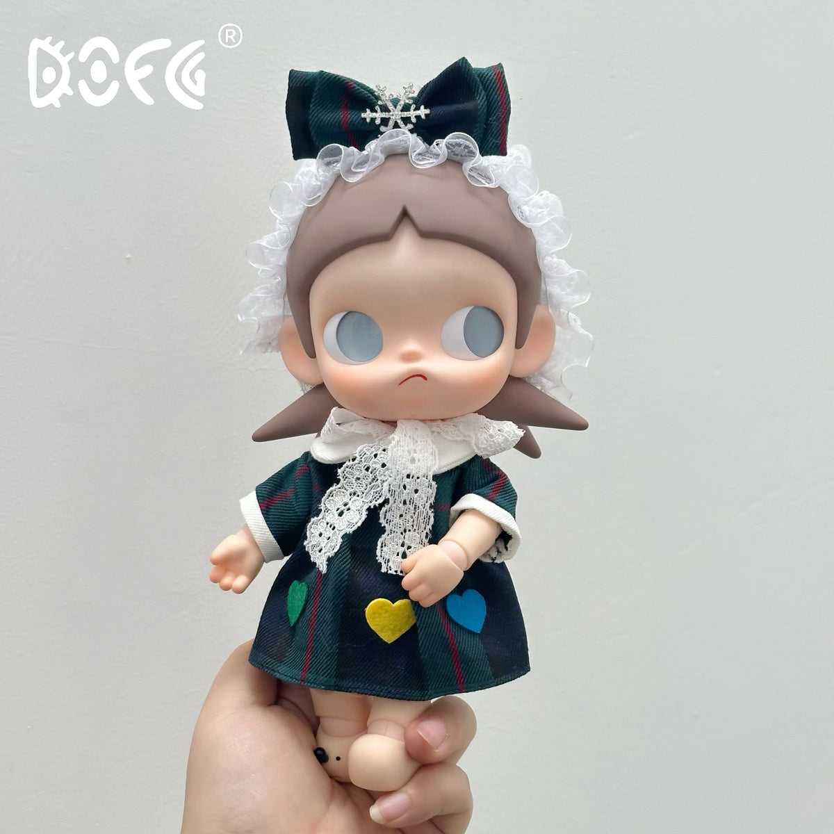 Zsiga 17cm BJD 1/8 Doll Clothes Set with Forest Green Plaid Dress and Bow Hairpin