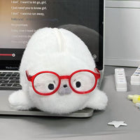 Fluffy Seal Plush Pencil Pouch with Glasses, Large Capacity Standing Stationery Organizer for Students
