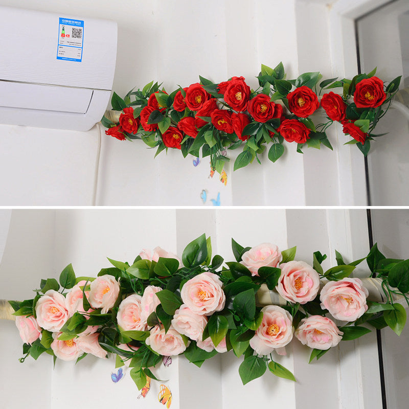 Artificial Rose Vine Garland with Rubberized Leaves for Home Decor and Pipe Concealment