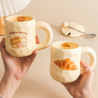 Cute Cartoon Rabbit Ceramic Mug with Lid and Spoon for Coffee and Breakfast