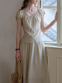 SimpleRetro Tencel Embroidered V-Neck Top & Skirt Set