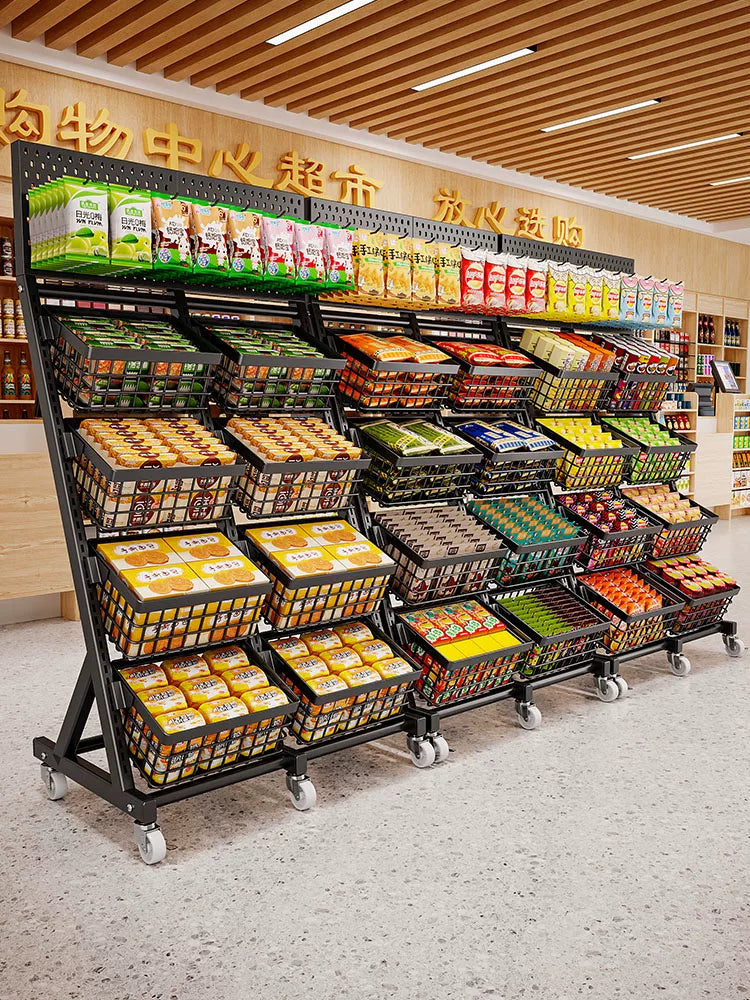 Multi-layer Rolling Display Rack with Baskets for Retail Store