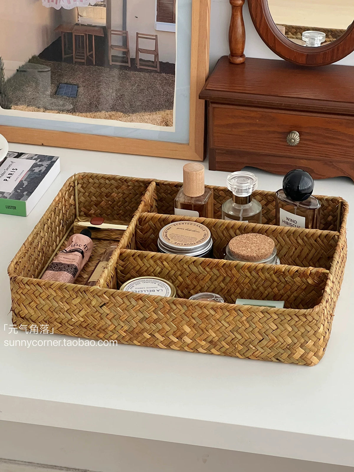 Handwoven Straw Divided Storage Basket for Desk and Tabletop Organization