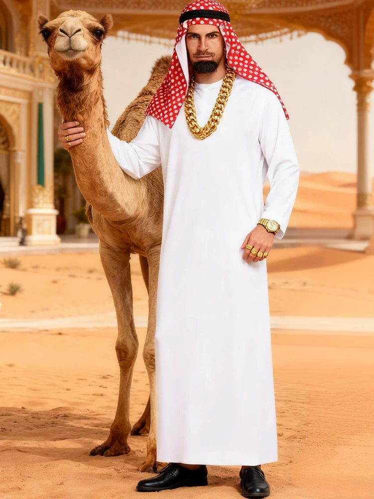Halloween Arabian Sheikh Costume Set with Robe, Headpiece, Beard, Glasses, and Necklace