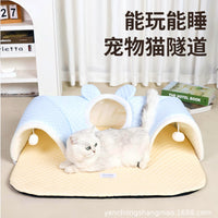 Foldable Pet Play Tunnel with Bed, 3-Way Cat Tube Toy, Collapsible Kitten Playpen, Puppy Hideaway