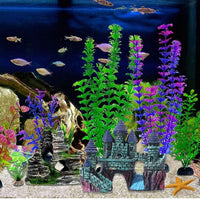 13-Piece Aquarium Decoration Set with Artificial Plants, Castle, and Coral Hiding Spots