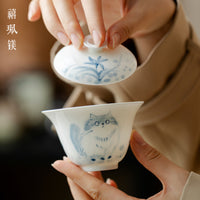 Hand-Painted Underglaze Blue and White Cat Gaiwan Teacup, Thin-Walled Porcelain, 110ml