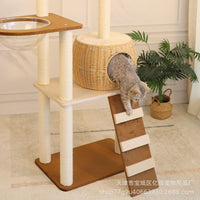 Solid Wood Cat Tree Condo with Scratching Board and Space Capsule - Japanese Style Woven Sisal Cat Climbing Furniture
