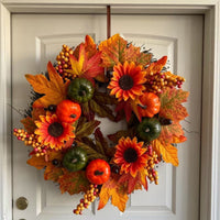 Autumn Harvest Sunflower Pumpkin Maple Leaf Wreath for Halloween & Thanksgiving Door Decor