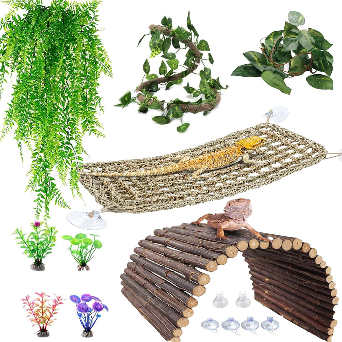 Reptile Hammock with Artificial Leaves and Vines for Terrarium Decor