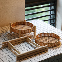 Handwoven Rattan-Style Double-Layer Fruit Basket with Wooden Stand for Living Room Snacks & Afternoon Tea