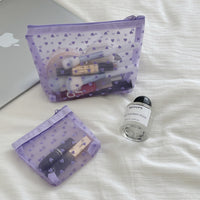 Flocked Mesh Heart Cosmetic Bag, Portable Transparent Storage Pouch