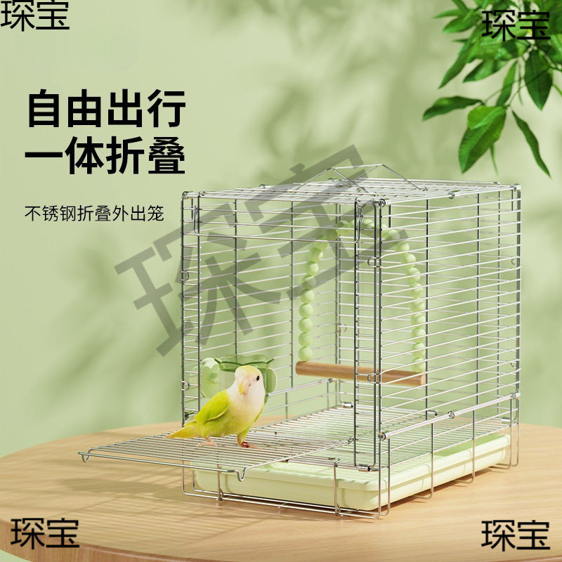 Parrot 304 Stainless Steel Foldable Travel Bird Cage for Budgies Cockatiels Peonies Portable Handheld Cage