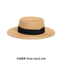 French Flat Top Straw Hat for Women - Summer Sun Protection Beach Vacation Fedora