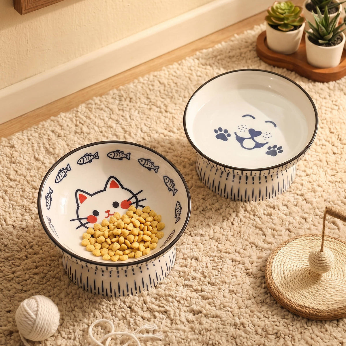Ceramic Elevated Pet Bowl for Cats and Dogs - Tilted Design for Comfortable Eating and Drinking, Prevents Chin Acne