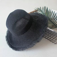 Women's Frayed Edge Knitted Bucket Hat - Korean Style Foldable Sun Hat for Spring/Summer