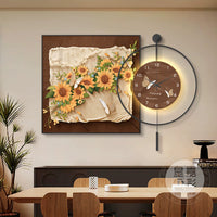 Mid-Century Style Sunflower Wall Art with Silent Clock for Dining Room & Living Room Decor