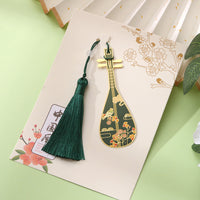 Classical Chinese Pipa Bookmark with Tassel, Metal Engraved Gift for Students and Girls