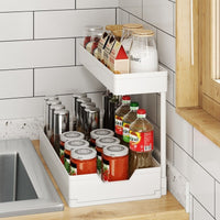 Under Sink Pull-Out Storage Organizer Rack for Kitchen and Bathroom, Double-Layer Sliding Shelf with Drain Tray