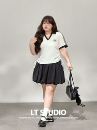 Plus Size Women's V-Neck Drawstring Waist Slimming Short Sleeve T-Shirt