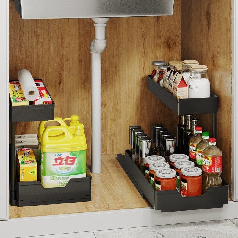 Under Sink Pull-Out Storage Organizer Rack for Kitchen and Bathroom, Double-Layer Sliding Shelf with Drain Tray