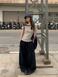 Women's Striped Off-Shoulder Short Sleeve T-Shirt