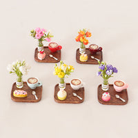 Dollhouse Miniature Cake Tray Set with Coffee Cups and Spoons, DIY Food Play Scene Decor