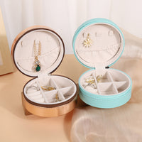 Portable PU Leather Round Jewelry Box for Earrings, Necklaces, Rings - Travel Organizer with Compartments