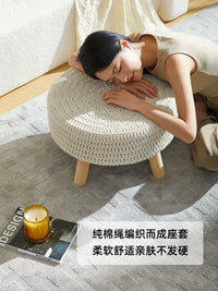 Nordic Solid Wood Stool with Cotton Rope Woven Seat, Japanese Style Round Ottoman for Living Room, Coffee Table, or Sofa Footrest
