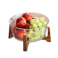 Genuace Glass Fruit Bowl with Lid and Wooden Base for Living Room, Coffee Table, Office