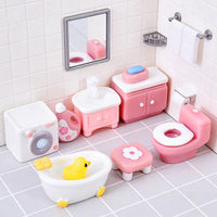 Pink Dollhouse Miniature Bathroom Furniture Set - Sink, Bathtub, Toilet, Washing Machine Decor
