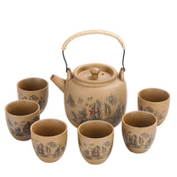 Handmade Retro Ceramic Teapot Set with Beam Handle and Large Cups, Japanese Style Coarse Pottery Wood-Fired Tea Set