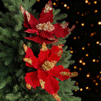 Glitter Flocked Christmas Flower Ornaments for Christmas Tree Decoration, European Classic Style