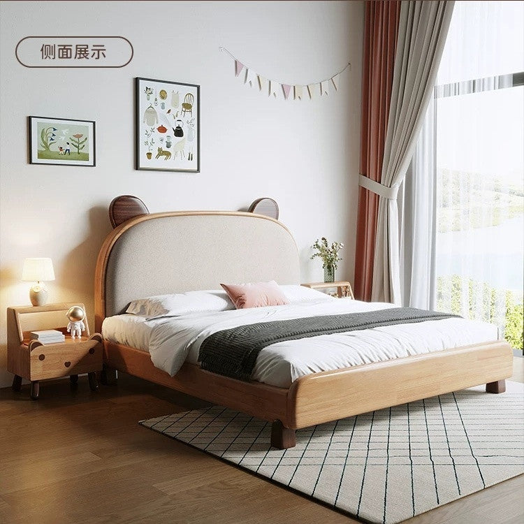 Modern Minimalist Beech Solid Wood Bed Twin Cartoon Bed with Wood Wax Oil Finish for Children