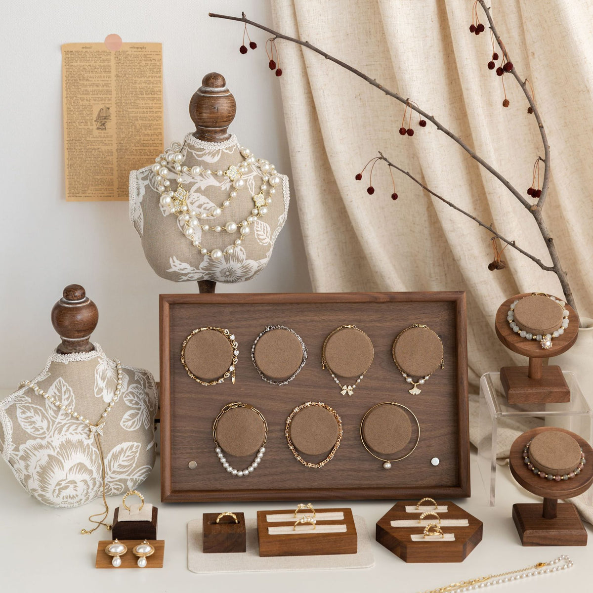 Vintage Walnut Wood Jewelry Display Stand for Bracelets, Necklaces, Rings, and Collectibles