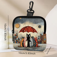 Cute Cat Print Faux Leather Coin Purse with Zipper Closure, Mini Multifunctional Storage Bag for Earphones