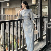 New Chinese Style Blue Printed Cheongsam Dress with Bamboo Leaf Pattern