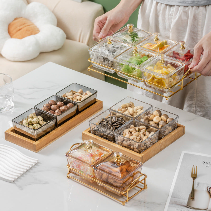 Luxury Glass Fruit Bowl with Lid and Divided Snack Compartments for Home Bar KTV