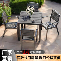 Outdoor Patio Dining Set with Wood-Plastic Composite Table and Iron Chairs