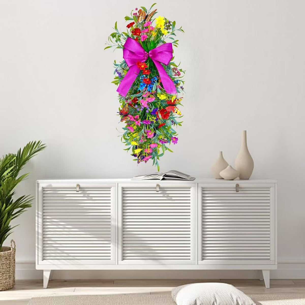 2025 Multicolored Butterfly Daisy Teardrop Wreath Artificial Greenery Door Wall Hanging Home Holiday Decor