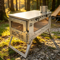 Titanium Alloy Camping Wood Stove with View Window and Folding Chimney for Tent Heating