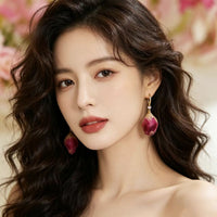 Red Rose Dried Flower Bud Earrings for Women, Romantic French Vintage Style
