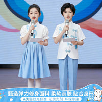 Girls' Chinese Style Blue Performance Dress for Choir, Speech, and Pageants