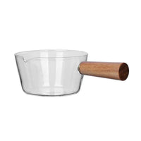 Glass Milk Pot with Acacia Wood Handle, Small Saucepan for Induction Cooktop, Gas Stove, and Open Flame