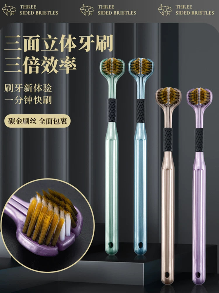 3-Sided Soft Bristle Toothbrush for Comprehensive Oral Cleaning, Tongue Scraper Included, Portable Design