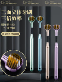 3-Sided Soft Bristle Toothbrush for Comprehensive Oral Cleaning, Tongue Scraper Included, Portable Design