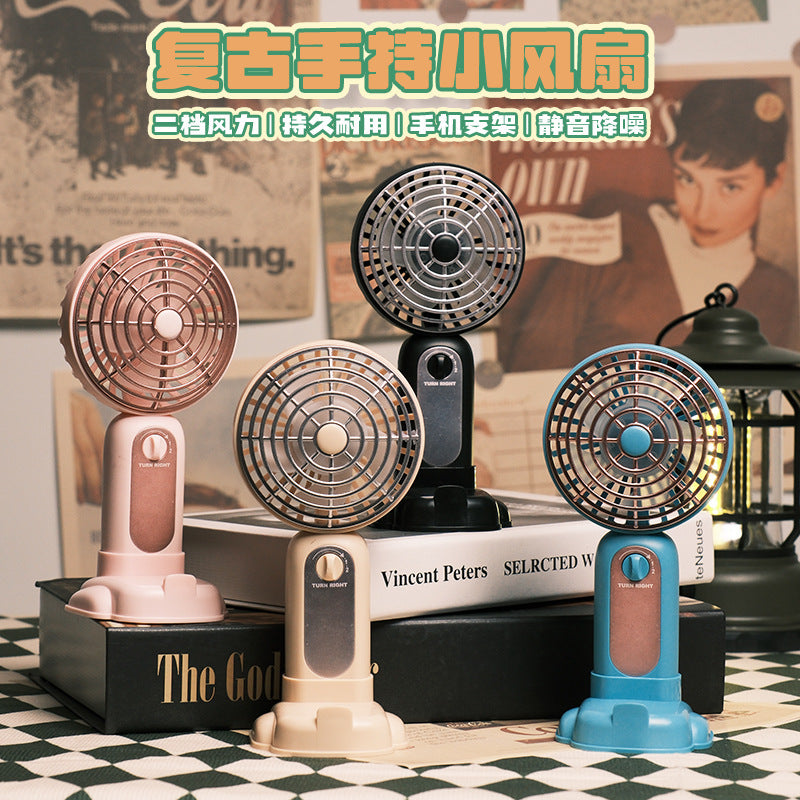 Retro Handheld USB Rechargeable Mini Fan with 2-Speed Adjustment and Stand