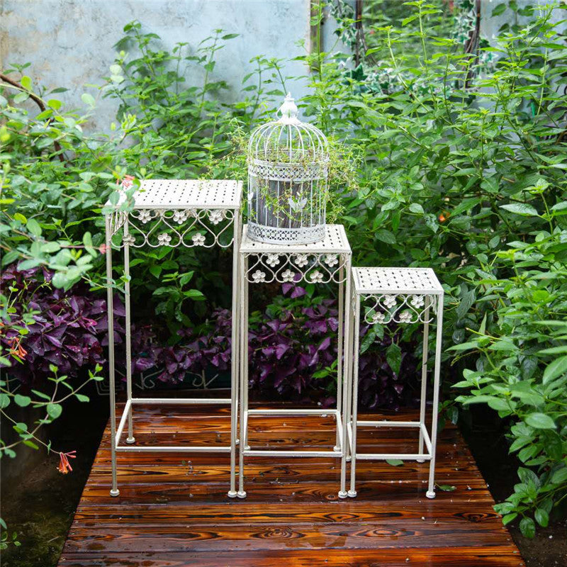 Vintage Iron Art Tiered Plant Stand Set - 3 Piece Square High Display Racks for Indoor/Outdoor Decor