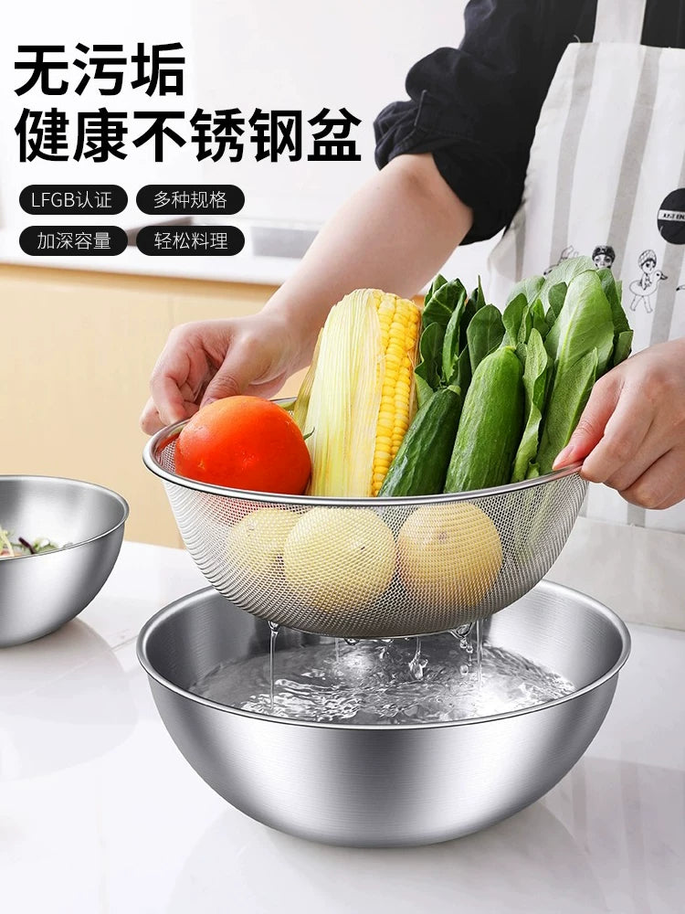 Stainless Steel Colander and Basin Set for Kitchen, Rice Washing, Fruit Draining, and Vegetable Cleaning