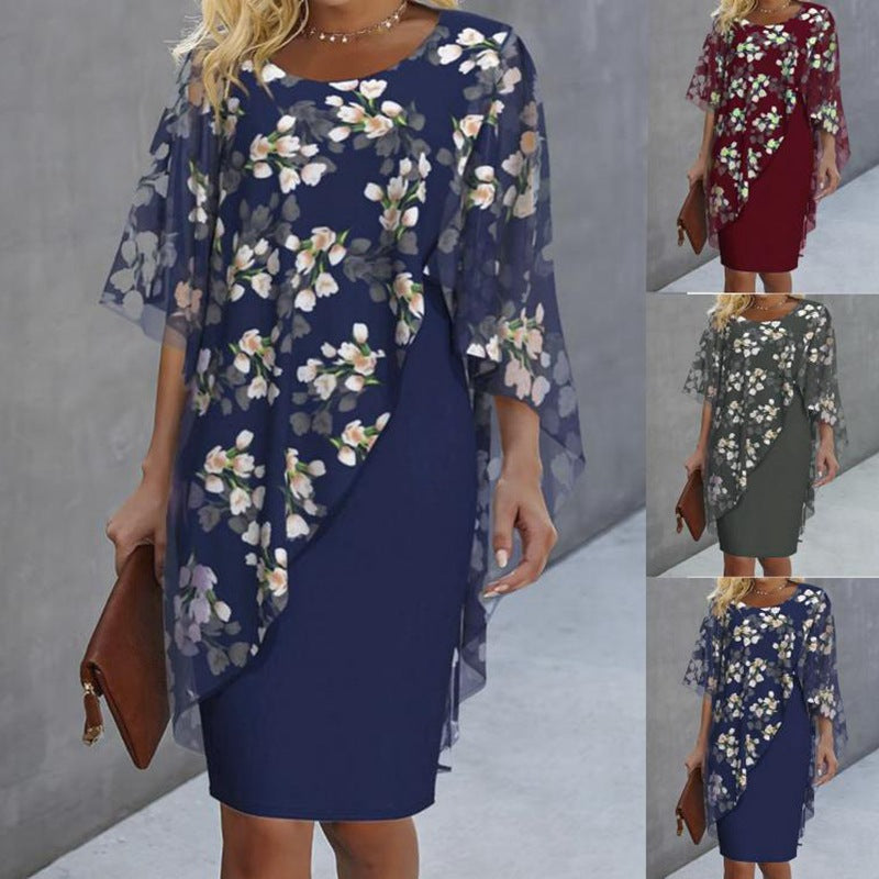 Women's Irregular Hem Floral Print Two-Piece Round Neck Midi Dress